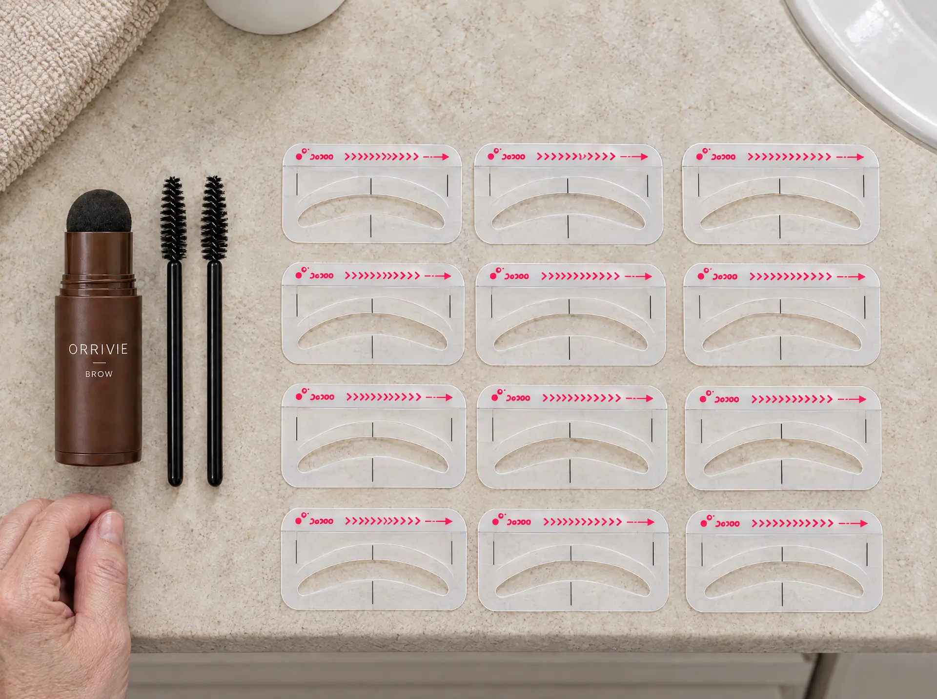 Orrivie Brow stamp, twelve stencil cards, and both brushes