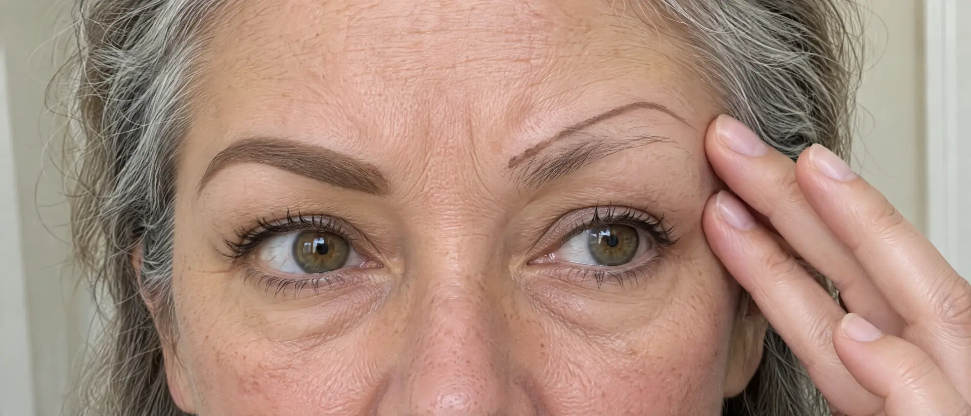 One brow finished, the other brow uneven