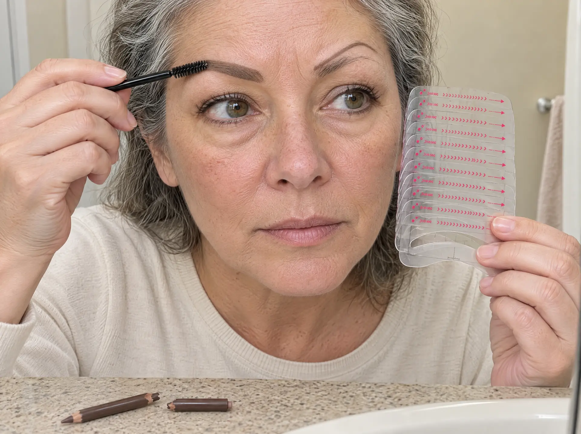 Blending a brow in the mirror, stencil cards in hand, broken pencil on the counter